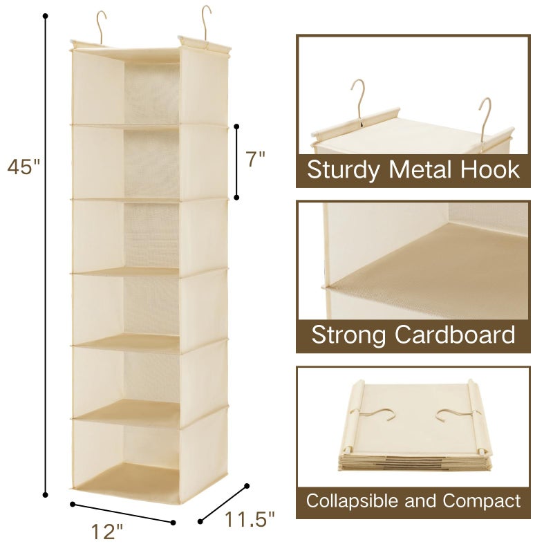 MAX Houser 6 Tier Shelf Hanging Closet Organizer, Cloth Hanging Shelf with 2 Sturdy Hooks for Storage, Foldable (Beige) - Image 2